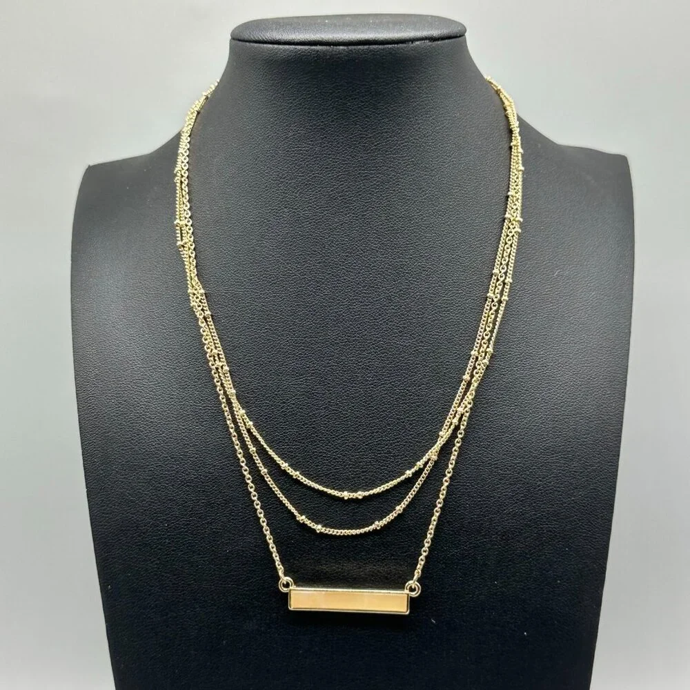 3/$30 Sugarfix Necklace Gold Layered Multi Chain Bar Pendant Beige Accent 14.5"